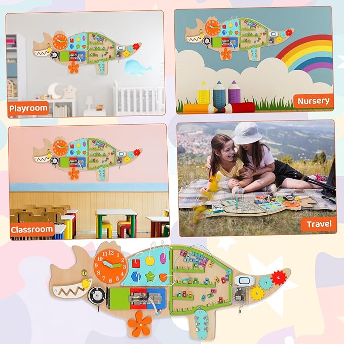 Dinosaur Activity Wall Busy Board Panels, 11-in-1 Montessori Sensory Wall Panel for Kids, Toddler Learning Activity Center, Perfect for Playroom Daycare Nursery Classroom