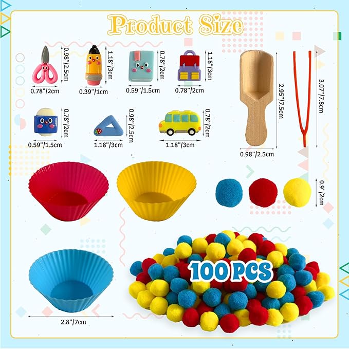 154Pcs Stationery Sensory Bin Filler, Fine Motor Toys Stationery Sensory Bin Items Counting Sorting Toy for Preschool Education Activities Include Pom Poms Pen Scissors Notebooks Cup
