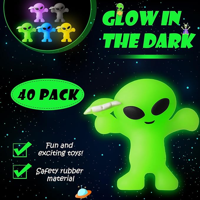 40 Pcs Colorful Mini Alien Figures Glow in The Dark Small Little Tiny Aliens Figurine Space Ship Toy Space Party Favors Prank Rubber Bag Piñata Filler