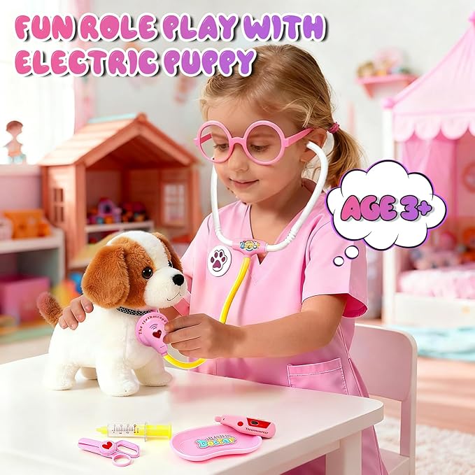 UBeesize Dog Toy Doctor Kit for Toddlers 3-5, Kids Doctor Play Set with Plush Dog, Medical Toy Kits and Costume, Pretend Vet Playset for 3 4 5 6 Year Old Girls Birthday Gift Pink