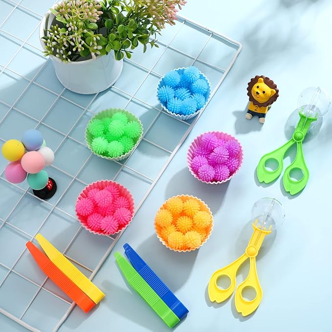 91 Pcs Fine Motor Skill Toys Include 75 Spiky Hedge Balls, 2 Scissors Clips, 4 Plastic Tweezers, 10 Assorted Colors Sorting Silicone Cups for Early Education Counting Skill Training