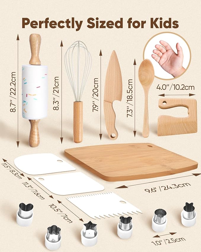 Wooden Safe Real Cooking Tool Set for Kids Toddler Teen – Montessori Kitchen Accessories & Utensils for Little Chef, with Children Proof Knife & Baking Kit, Youth Friendly Culinary Kit for Girl & Boy
