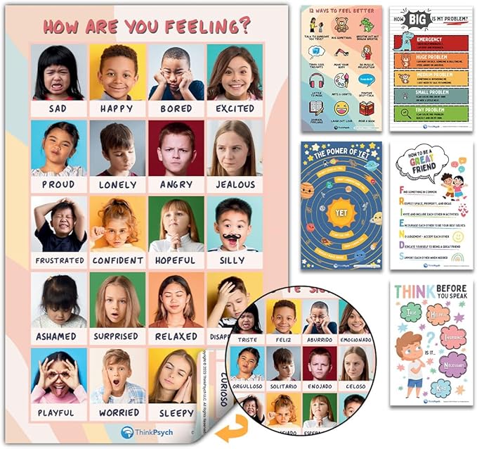 6 Laminated Feelings Posters for Kids - English & Spanish - Calm Down Corner Supplies - Therapy & School Counselor Supplies - Emotions Posters for Home and Calming Corner Classroom