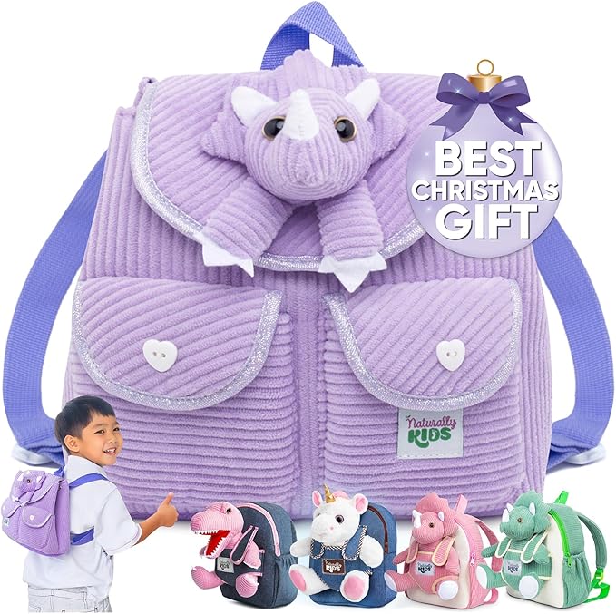 Purple Dinosaur Triceratops Mini Backpack for Kids, Mini Backpack for Toddler Girls, Gift for 2 3 4 5 Year Old Girl Boy
