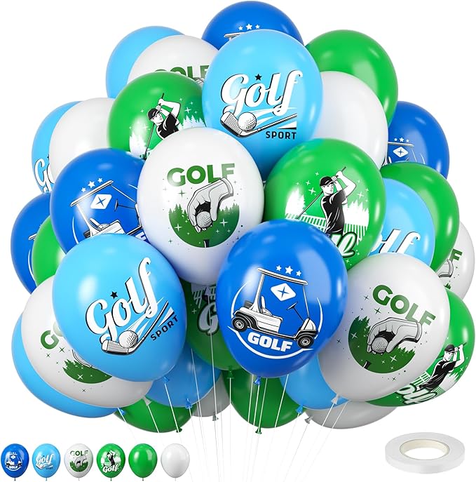 FEYG 12in Golf Balloons - Blue, Green, White - Hole In One Birthday Decorations