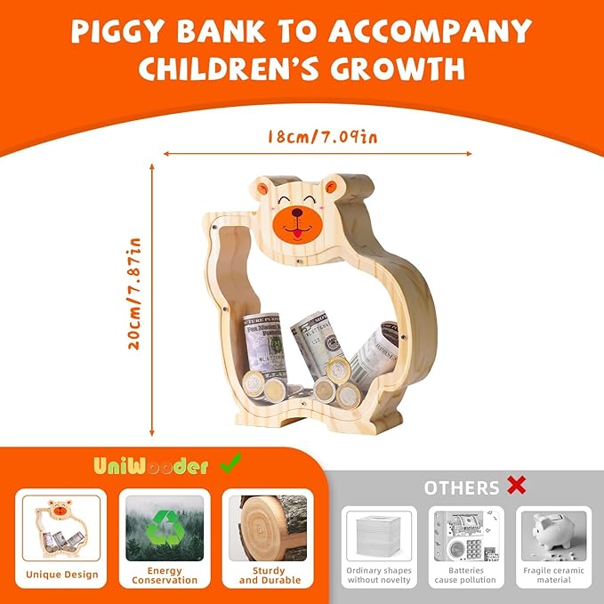 Wooden Bear Piggy Bank for Kids with Letter Stickers, Unbreakable Large Money Box for Boys, Girls, Cute Wooden Coin Bank, Piggy Money Jar Personalized Gift, Educational Toy for Kids