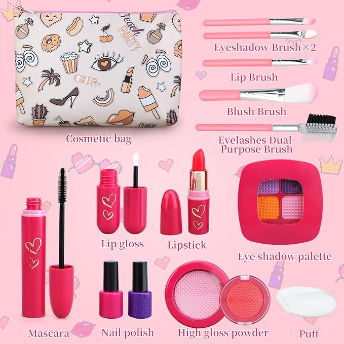 Toddler Girls Toys Pretend Makeup Kits - Fake Makeup Set Toys for Kids 3 4 5 6 Year Old, Play Makeup Gift for Little Girls 3-5, Toddler Makeup Kit with Fake Makeup Toy Birthday Gift (Beige)