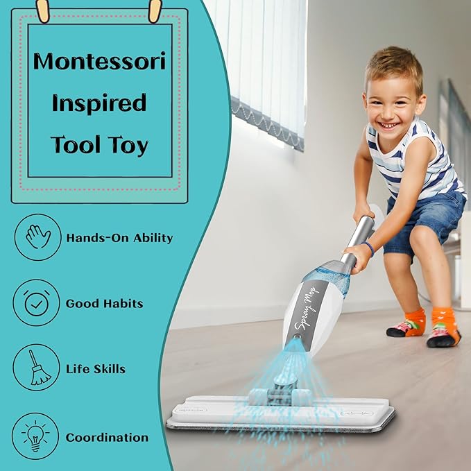 Toddler Cleaning Set That Really Works - Kids Spray Mop - Toddler-Size Small Mop with Real Squeeze Water Sprayer, Detachable Kids Mops, Interactive Cleaning Toys Gift for Boys & Girls