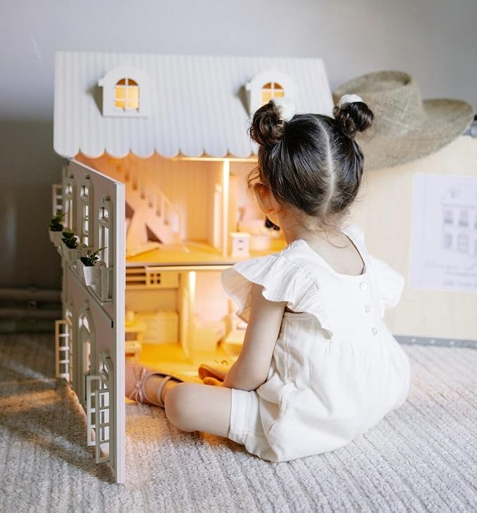 Wooden Dollhouse - 55+ Pieces Furniture and Accessories - Large 3-Story Wooden Doll House with Modern Decor