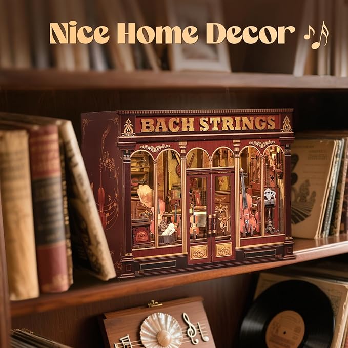 Cutefun Book Nook Kit - DIY Miniature House Dollhouse Kit, Book Nook Kits for Adults, Bookshelf Insert Bookend with LED Light for Teens and Adults (Bach Strings)
