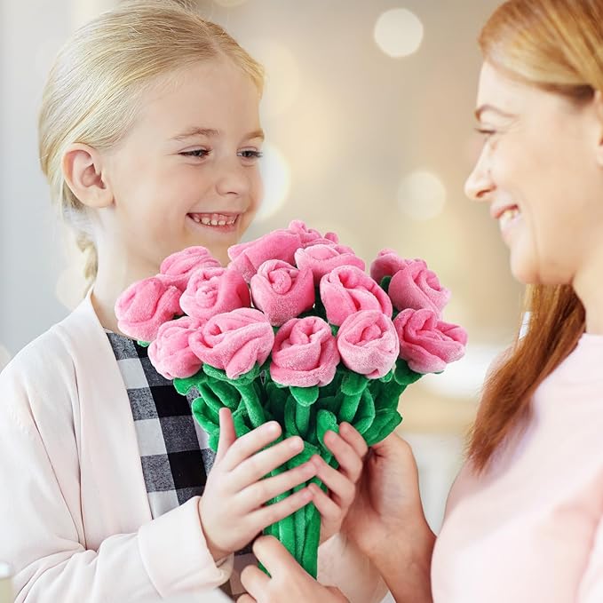 18 Pcs Plush Rose Flower Stuffed Bendable Stems Plush Bouquet Toy Soft Floral 12.6 Inch for Graduation 2025 Mother's Day Valentines Day Girl Girlfriend Wife Family and Friends(Pink Series)