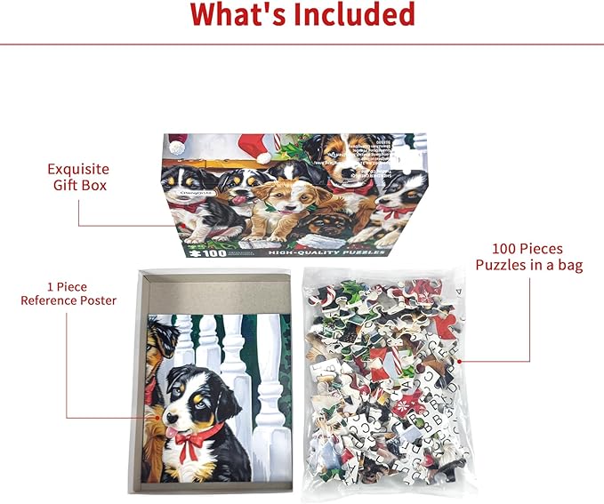 Christmas Puzzle 100 Piece Puzzles for Kids, Christmas Dogs Puzzle 100 Pieces Christmas Puppies Puzzle 100 Piece Puzzles for Adults Christmas Puzzle Puppies Puzzles for Kids Ages 6-10 Brain Teaser