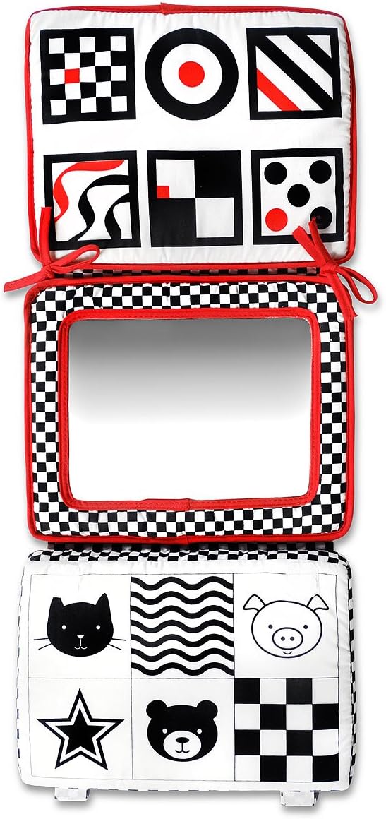 Genius Baby Toys Tummy Time Mirror for Babies 0-6 Months - Double-Sided with High Contrast Images - Baby Floor Mirror Can Be Used in Crib - No Hard Edges - Black White and Red