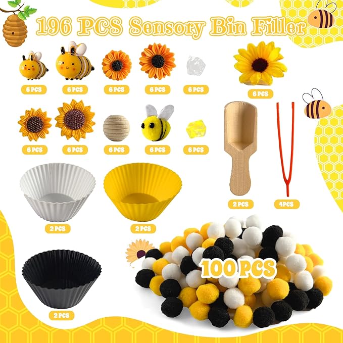 196 Pcs Sensory Bin Filler, Fine Motor Toys Bee Themed Sensory Bin Items Counting Sorting Toy Colorful Pom Poms Cup Bee Honeycomb Wooden Scoop for Preschool Education Activities