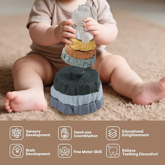 Stacking & Nesting Baby Teething Toy, 7 Pcs Soft Building Rings Stacker Toys with Dinosaur, Newborn Essentials Sensory Learning Toys for 6 12 18 Months Infant Toddler Boys Girls