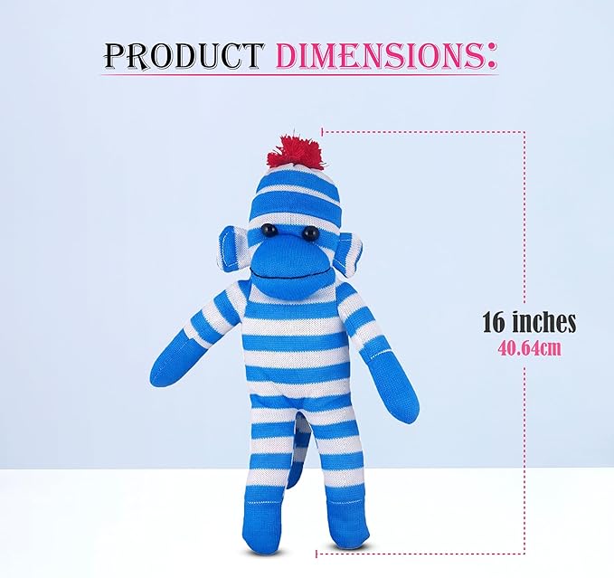Adorable Sock Monkey, The Original Traditional Hand Knitted Stuffed Animal Toy Gift-for Kids, Babies, Teens, Girls and Boys Baby Doll Present Puppet (16" Blue)