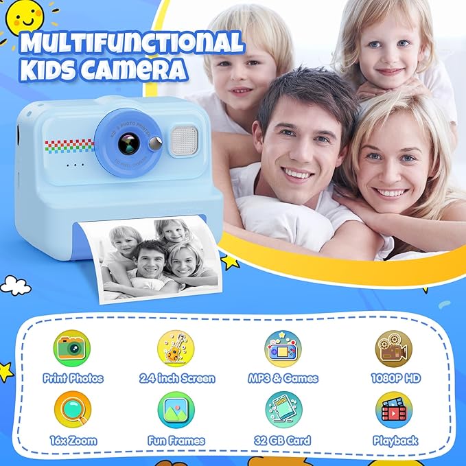 Kids Instant Print Camera - 1080P HD, 3 Rolls Paper & 32GB Card, Ideal Gift for Boys & Girls Age 3-14 (Blue)