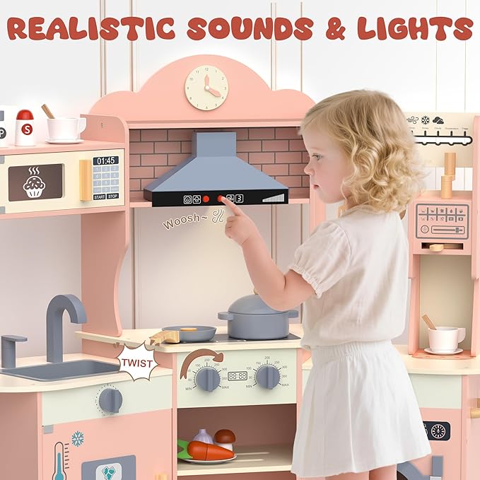 ANPABO Play Kitchen for Kids, Wooden Kids Kitchen Playset for Toddlers with Real Lights & Sounds, Pretend Play Toys with Coffee & Ice Maker, 30Pcs Toy Kitchen Accessories Gift for Boys & Girls
