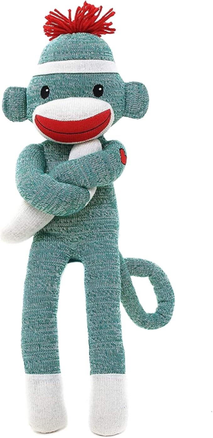 Adorable Sock Monkey, The Original Traditional Hand Knitted Stuffed Animal Toy Gift-for Kids, Babies, Teens, Girls and Boys Baby Doll Present Puppet (20" Green)