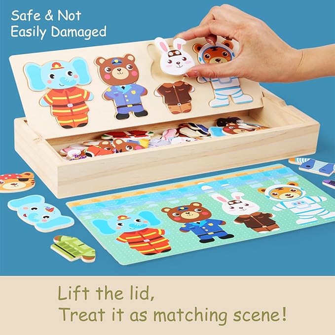 Wooden Jigsaw Bear Family Puzzle Box, Dressing Puzzles Toys, Dress-up Puzzle Set（72 pcs） (Mixed)