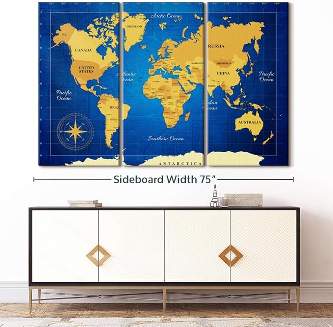 ElephantStock Yellow Longitude World Map Multi Piece Canvas - 3 Panel Wall Decor - Map of the World Art - Canvas for the Office and Home - 74" X 48"