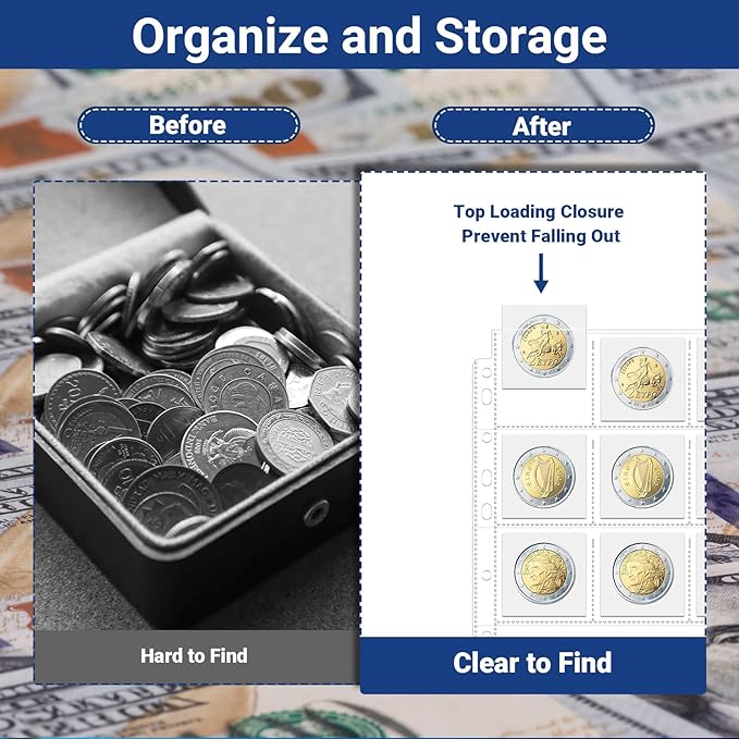 1200 Pockets Acid Free Coin Sleeves, Fit for Coin Flips 2x2 inch, 60 Pack 3 Ring Binder Sleeves Clear Plastic Stamp Collecting Supplies, Non Stick and Non Glare