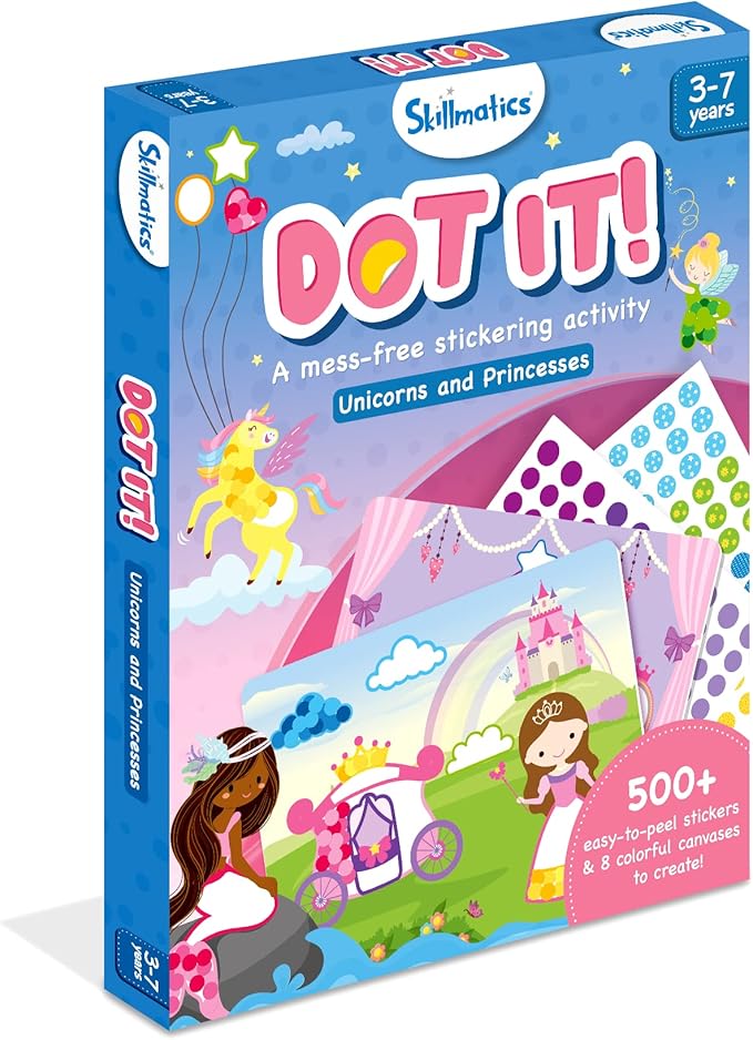 Skillmatics Dot It Sticker Art - Unicorns & Princesses, Mess-Free Craft Kits, 500+ Stickers, Stocking Stuffers, DIY Scrapbooking, Travel Activity, Christmas Gifts for Girls & Boys Ages 3, 4, 5, 6, 7