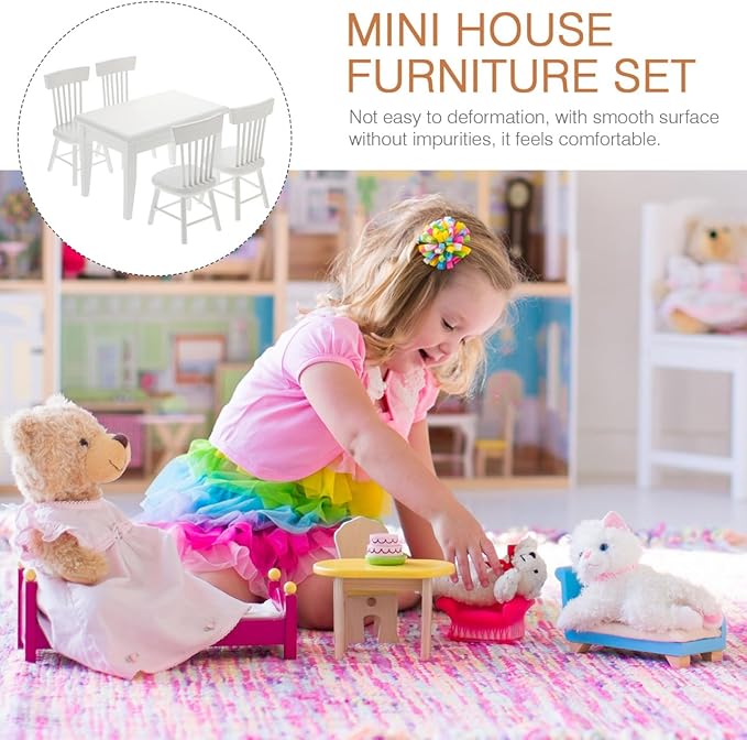 Homoyoyo 5 PCS 1/12 Wooden Dollhouse Furniture of Table Chair, Mini House Miniature Dining Table Chair, Miniature Furniture Set Dollhouse Accessories(White)