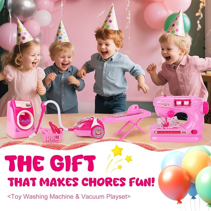 Coherny Sewing Kit for Kids Pretend Play Toys with Toy Washing Machine & Vacuum Kids Washer and Dryer Playset with Mini Sewing Machine for Dollhouse Furniture Toddles Boys Girls Cleaning Gifts