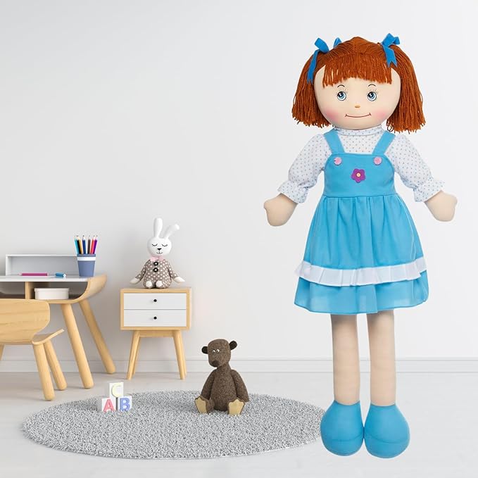 LOVE & HUG 36" Huggable Soft Doll with Blue Dress and Soft Yarn Hair