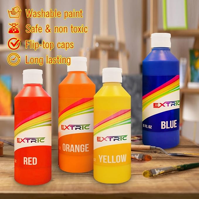 EXTRIC Washable Paint for Kids 6 Color, Non-Toxic Tempera Kid Paint 8 oz Bottles, Vibrant Pigments, Easy-Clean Toddler Paints, Kids Painting Set Arts and Crafts Supplies