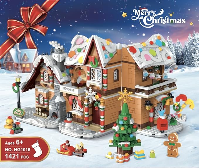 3 Style Christmas Gingerbread House Building Set with Lights - 2025 Christmas Castle Village Building Block Toy with Santa Claus Xmas Tree Train Gifts for Adults Kids Girls Boys Ages 6+ (1477PCS)