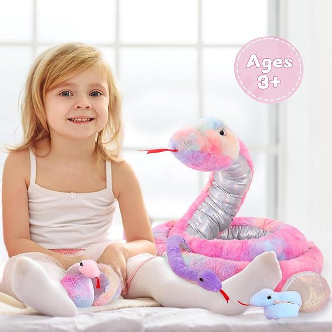 MaoGoLan 7Pcs Rainbow Snake Toys Stuffed Animals Bulk, Giant Plush Snake Mommy with 3 Babies & 3 Eggs Inside, Long Snake Plush Boa Constrictor for Kids Gifts Halloween Prank Props
