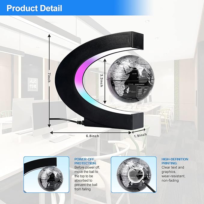 Flagest Magnetic Levitation Floating Globe, Levitating C Shape Silver Black Globe with LED Lights for Education Home Office Desk Decor, Holiday Anniversary Creative Gift(3.3 Inches)