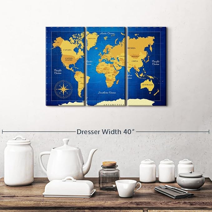ElephantStock Yellow Longitude World Map Multi Piece Canvas - 3 Panel Wall Decor - Map of the World Art - Canvas for the Office and Home - 23" X 14"