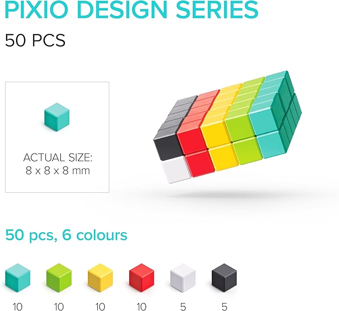 PIXIO-50 - Tiny Magnetic Blocks Building Toy in The Pixel Art Style with Free App - 5/16" Plastic Cubes with 6 Magnets Inside - Open Ended Toy - Creativity Toy for Ages 6+
