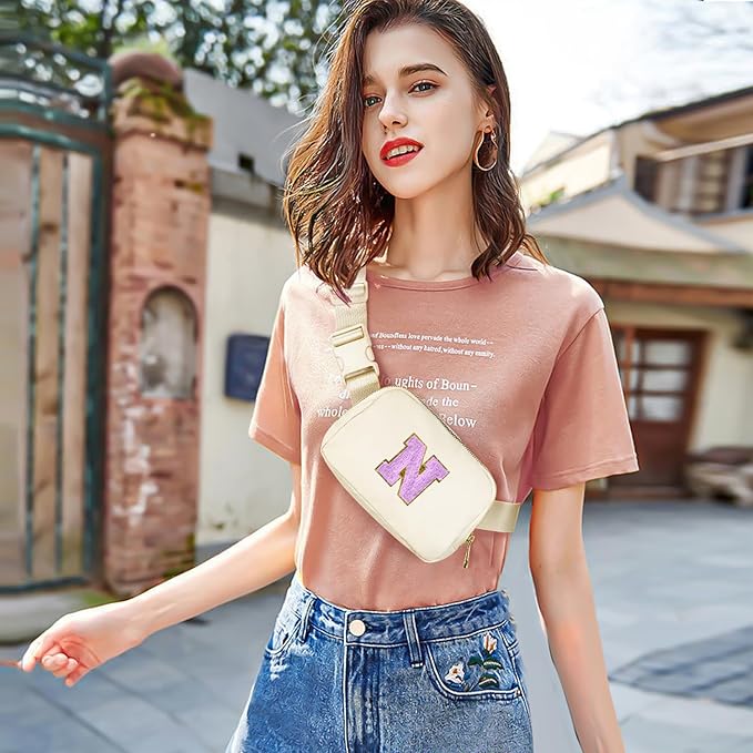 Gitus Gifts for 8 9 10 11 12 Year Old Girls Belt Bag Fanny Pack Crossbody Bags with Initial Letter Patch Cute Stuff Birthday Gifts for Teen Girls Women Personalized Trend Stuff (Ivory-N)