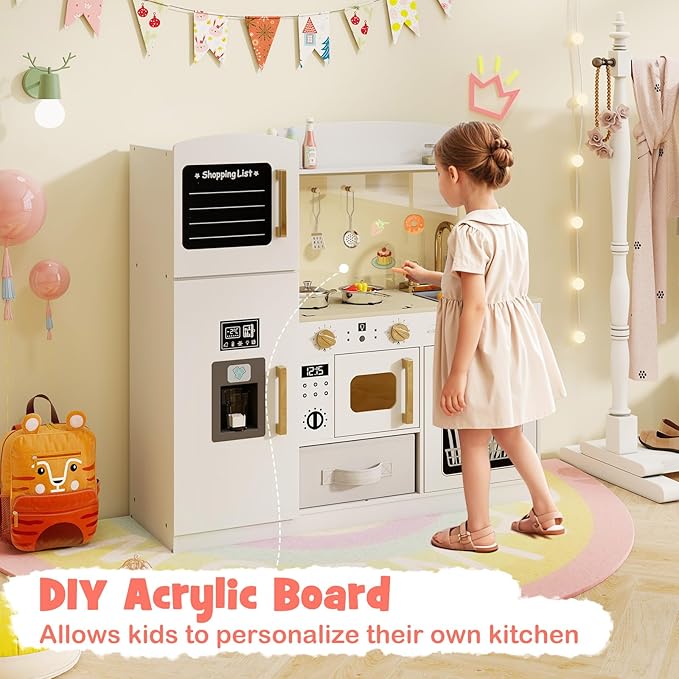 Costzon Kids Kitchen Playset, Wooden Pretend Play Kitchen w/Real Lights & Sounds, Chalkboard, Microwave, Ice Maker, Dishwasher, Sink, Cookware Accessories, Play Kitchen for Kids Ages 3+ (White)
