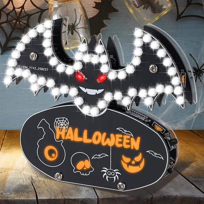 Halloween Bat Soldering Project, ICSTATION Bat Soldering Practice Kit With 5 Lighting Modes Glow Halloween Elements DIY Electronic Kits for School Education Halloween Present Desktop Decorations