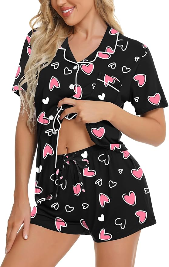 SWOMOG Womens Button Down Pajamas Set Short Sleeve Sleepwear Bride Soft Pj Lounge Sets XS-3XL