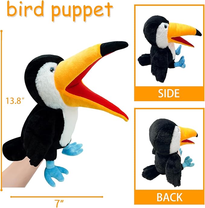 Puppet Toucan Hand Puppet,13.8" Animal Puppet Toucan Puppets Stuffed Animal Hand Puppets for Kids with Movable Mouth,Puppet Plush Multi-Color Toys Bird Puppet Role Play Teaching(Big Black)