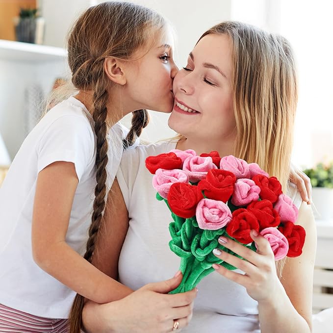 18 Pcs Plush Rose Flower Stuffed Bendable Stems Plush Bouquet Toy Soft Floral 12.6 Inch for Graduation 2025 Mother's Day Valentines Day Girl Girlfriend Wife Family and Friends(Red Pink Series)