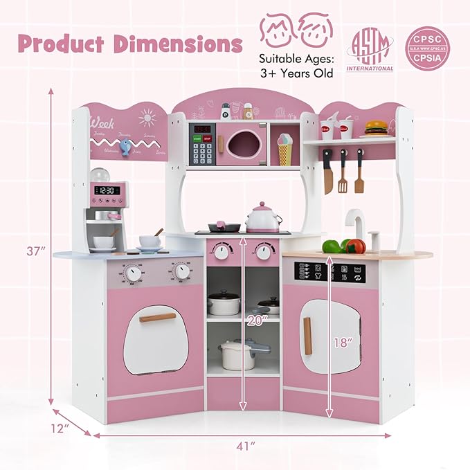 Costzon Corner Play Kitchen, Wooden Kids Kitchen Playset with Lights & Sound, Coffee Maker, Washing Machine, Oven, Microwave, Toddler Toy Kitchen for Pretend Play, Gift for Boys Girls 3+ (Pink)