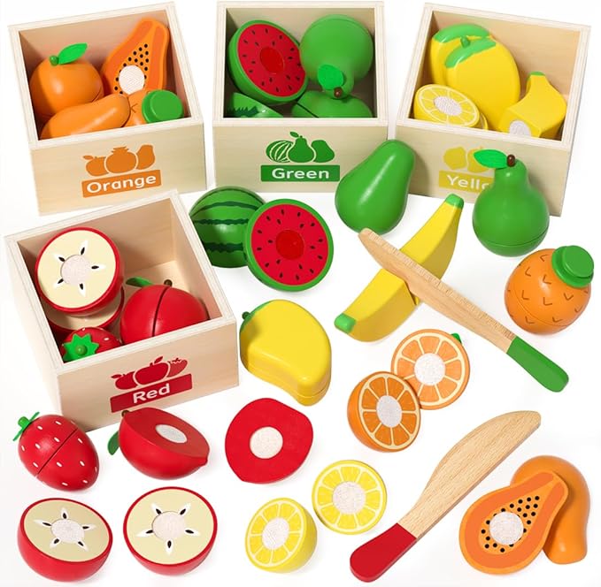 Wooden Toddler Kitchen Set - 18PCS Pretend Play Food with Sticky Cutting Toys & Storage Box, Realistic Fake Food Kitchen Toys for Kids 1-3, Educational Gift for Boys Girls Ages 3+