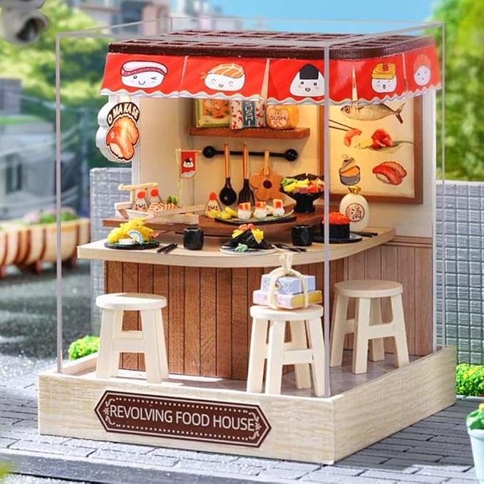 TuKIIE DIY Miniature Dollhouse Kit with Furniture, 1:24 Scale Creative Room Mini Wooden Doll House Plus Dust Proof for Kids Teens Adults(Revolving Food House)