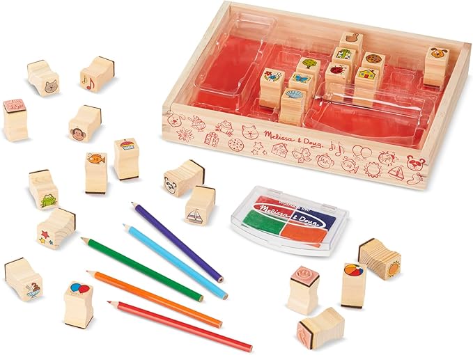 Melissa & Doug Wooden Stamp Set, Favorite Things - 26 Wooden Stamps, 4-Color Stamp Pad
