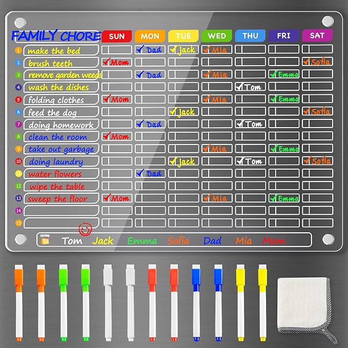 PigPotParty Acrylic Magnetic Chore Chart for Family & Multiple Kids – 16"x12" Large Dry Erase Chore Board for Fridge, Daily & Weekly Responsibility Chart for Adults, Includes 12 Markers & 1 Towel