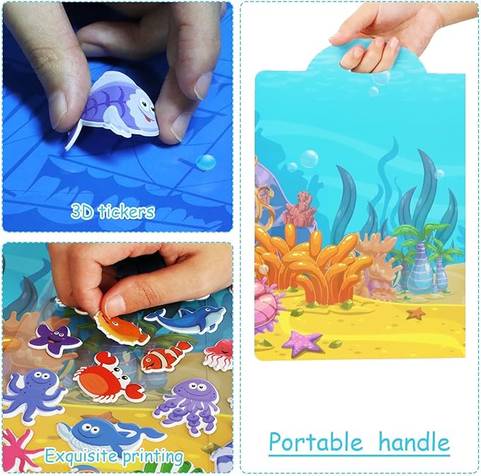 3D Sea Animals Puffy Sticker Play Set Kids 2-4 Toys Gifts Sticker Book Under the Sea Window Gel Clings Decals for Toddlers Home Airplane Classroom Nursery Ocean Party Supplies Decorations Removable 100 Reusable Puffy Stickers 2 Fold-Out Scenes