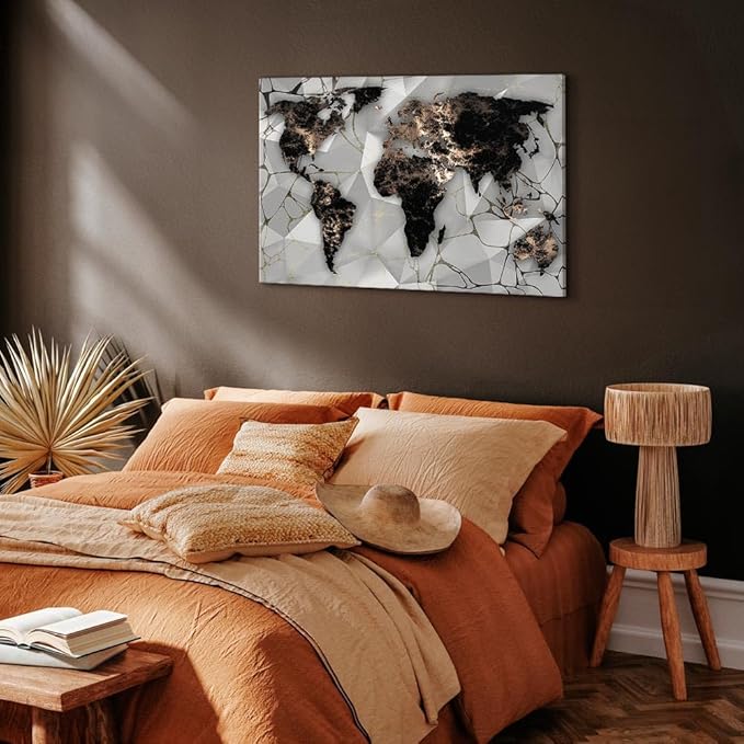 artgeist Canvas Wall Art Print World Map 35x24 in - 1pcs Home Decor Framed Stretched Picture Photo Painting Artwork Image Marable Black k-C-10012-b-a