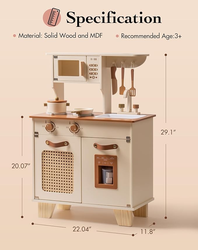 ROBUD Kids Kitchen Playset, Mocha Montessori Wooden Play Kitchen with Ice Dispenser, Pretend Toddlers Kitchen Toy with Accessories, Baby Gift for Ages 3 4 5 6 7 8